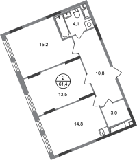 ЖК «Переделкино Ближнее», планировка 2-комнатной квартиры, 61.40 м²