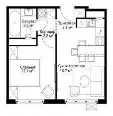 ЖК «Эко Видное 2.0», планировка 1-комнатной квартиры, 36.70 м²