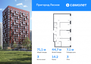 ЖК «Пригород Лесное», планировка 3-комнатной квартиры, 71.07 м²