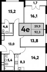 ЖК «Фестиваль парк-2», планировка 4-комнатной квартиры, 92.30 м²