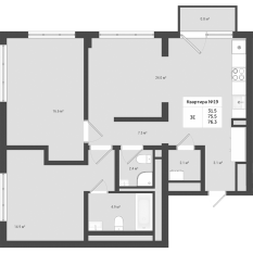 МЖК «Яковлево», планировка 3-комнатной квартиры, 76.30 м²