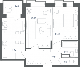 МФК «Равновесие», планировка 2-комнатной квартиры, 47.30 м²