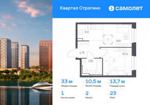 ЖК «Квартал Строгино», планировка 1-комнатной квартиры, 32.98 м²