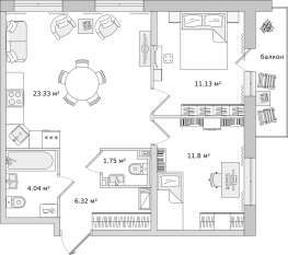 ЖК «Город Первых», планировка 2-комнатной квартиры, 63.31 м²