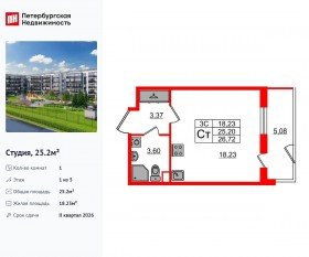 ЖК «Парадный ансамбль», планировка студии, 25.20 м²