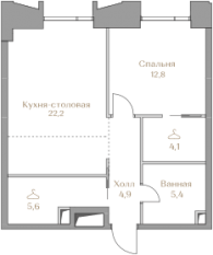ЖК «Luzhniki Collection», планировка 1-комнатной квартиры, 55.00 м²