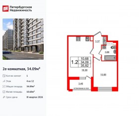 ЖК «Титул в Московском», планировка 1-комнатной квартиры, 34.09 м²