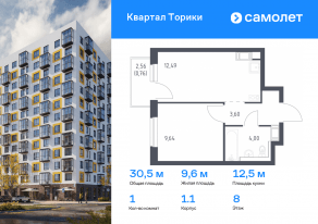 ЖК «Квартал Торики», планировка 1-комнатной квартиры, 30.49 м²