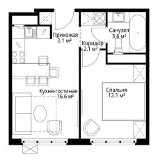 ЖК «Эко Видное 2.0», планировка 1-комнатной квартиры, 36.50 м²