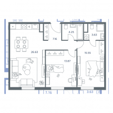 ЖК «iLove», планировка 2-комнатной квартиры, 71.10 м²
