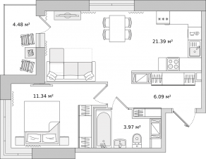 ЖК ЦДС «Новые Горизонты», планировка 1-комнатной квартиры, 43.50 м²