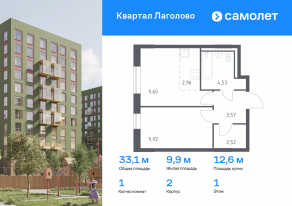 ЖК «Квартал Лаголово», планировка 1-комнатной квартиры, 33.10 м²