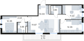 ЖК «GloraX Парголово», планировка 3-комнатной квартиры, 76.84 м²