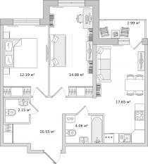 ЖК «Город Первых», планировка 2-комнатной квартиры, 60.60 м²