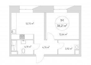 Апарт-комплекс «N'ice loft», планировка 1-комнатной квартиры, 38.20 м²