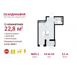 ЖК «Скандинавия», планировка студии, 22.80 м²