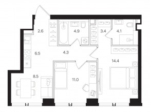 ЖК «Мангазея на Тульской», планировка 2-комнатной квартиры, 59.70 м²