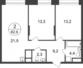 ЖК «Первый Московский», планировка 2-комнатной квартиры, 62.90 м²
