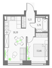 ЖК «Upside Towers», планировка 1-комнатной квартиры, 38.86 м²