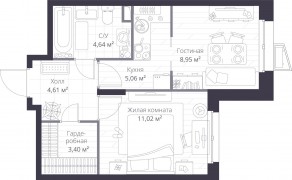ЖК «Veren Nort сертолово», планировка 1-комнатной квартиры, 38.13 м²