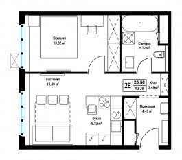 ЖК «Эко Видное 2.0», планировка 1-комнатной квартиры, 42.50 м²