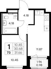 ЖК «GloraX Новоселье», планировка 1-комнатной квартиры, 31.66 м²