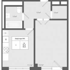 МЖК «Яковлево», планировка 1-комнатной квартиры, 36.80 м²