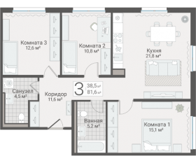 ЖК «Руднева, 15», планировка 3-комнатной квартиры, 81.60 м²