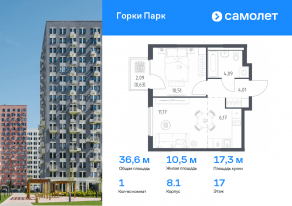 ЖК «Горки Парк», планировка 1-комнатной квартиры, 36.58 м²