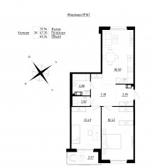МЖК «Счастье 2.0», планировка 2-комнатной квартиры, 69.34 м²