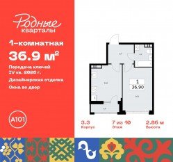 ЖК «Родные кварталы», планировка 1-комнатной квартиры, 36.90 м²