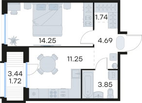 ЖК «GloraX Парголово», планировка 1-комнатной квартиры, 37.50 м²