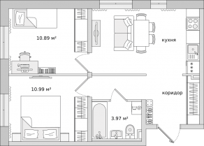 ЖК ЦДС «Новые Горизонты», планировка 2-комнатной квартиры, 48.40 м²
