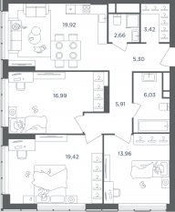 ЖК «Headliner», планировка 4-комнатной квартиры, 95.10 м²