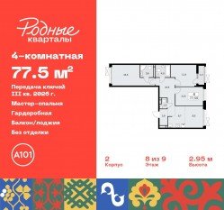 ЖК «Родные кварталы», планировка 4-комнатной квартиры, 77.50 м²