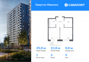 ЖК «Квартал Ивакино», планировка 1-комнатной квартиры, 35.80 м²