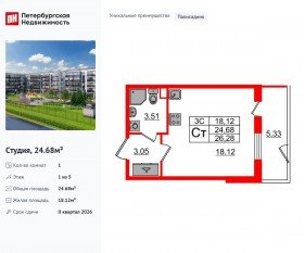 ЖК «Парадный ансамбль», планировка студии, 24.68 м²