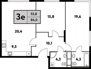 ЖК «Фестиваль парк-2», планировка 3-комнатной квартиры, 84.00 м²