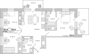 ЖК ЦДС «Северный», планировка 3-комнатной квартиры, 74.70 м²