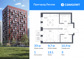 ЖК «Пригород Лесное», планировка 1-комнатной квартиры, 33.01 м²