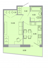ЖК «Стороны света», планировка 1-комнатной квартиры, 32.80 м²