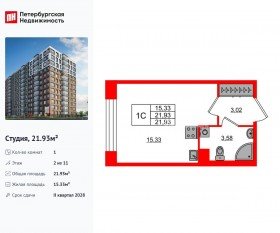 ЖК «Астра Континенталь», планировка студии, 21.93 м²