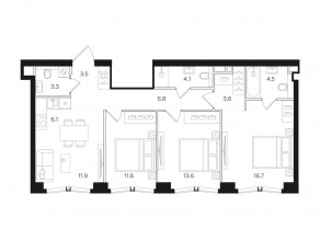 ЖК «Мангазея на Тульской», планировка 3-комнатной квартиры, 85.70 м²