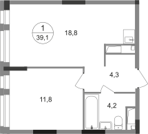 ЖК «Первый Московский», планировка 1-комнатной квартиры, 39.10 м²