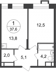ЖК «Первый Московский», планировка 1-комнатной квартиры, 37.60 м²