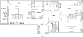 ЖК ЦДС «Dreamline», планировка 2-комнатной квартиры, 79.87 м²