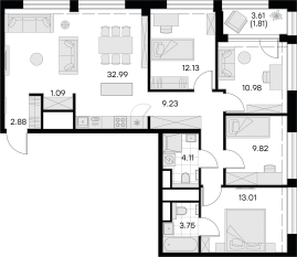 ЖК «GloraX Premium Василеостровский», планировка 4-комнатной квартиры, 102.90 м²
