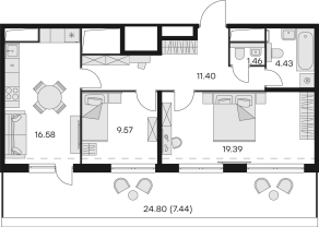 Апарт-комплекс «GloraX Заневский», планировка 2-комнатной квартиры, 72.30 м²