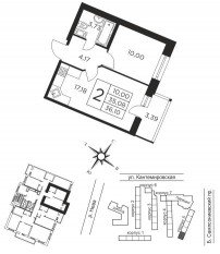 ЖК «Новый Лесснер», планировка 1-комнатной квартиры, 35.09 м²