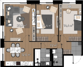 МФК «Зорге 9», планировка 3-комнатной квартиры, 75.80 м²